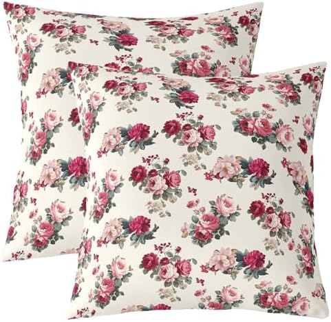 Vintage Floral Pillow Cases Set of 2, Red and Pink Flower Throw Pillow