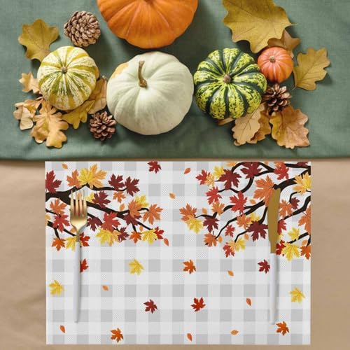 Maple Leaves Fall Placemats Set of 8, Cotton Linen Fabric Place Mats