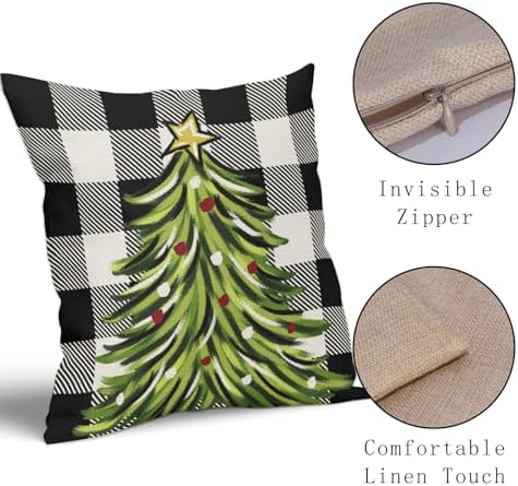 Black Christmas Plaid Pillow Covers 22x22 Inch Set of 2 Xmas Tree