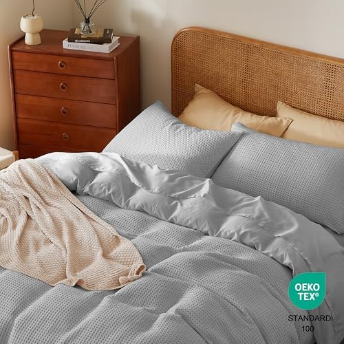 3Pcs 100% Egyptian Cotton Waffle Duvet Cover Set Queen 90 x 90, Gray