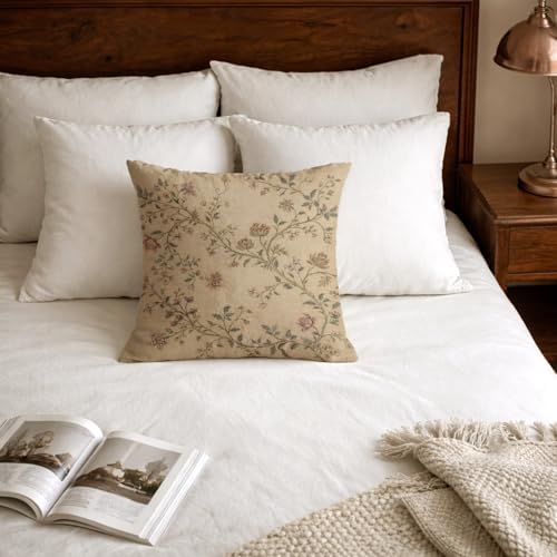 Neutral Vintage Floral Pillow Cover 18x18, Farmhouse Chinoiserie