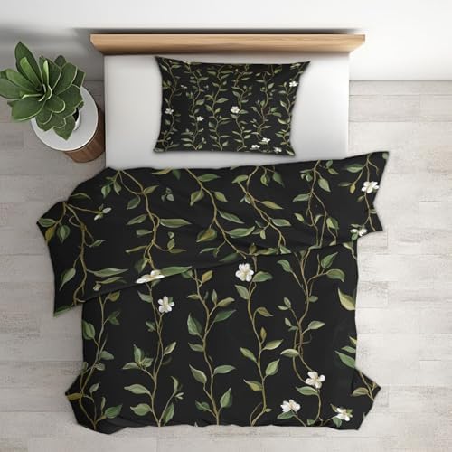 Botanical Duvet Cover King Size, Tree Stripe Floral Black Green