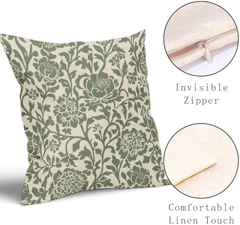 Sage Green Floral Pillow Covers 22x22 Inch Set of 2 Vintage Block