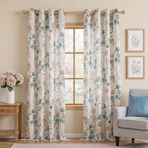 MYSKY HOME Floor to Ceiling Linen Floral Curtains 95 Inch Length 2