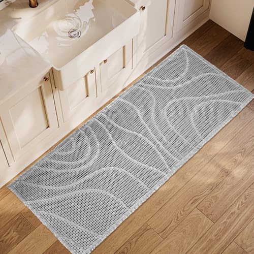 ZALL Grey Waffle Bath Mat Wavy,Super Absorbent Non Slip Bathroom Rug