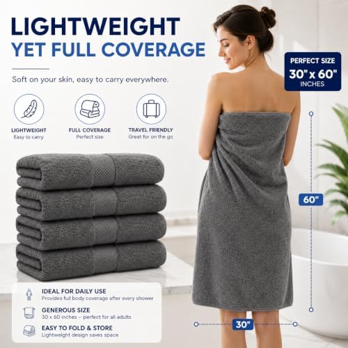 Pack of 4 Extra Large Bath Towels 30 x 60 Inches, 100% Combed Yarn