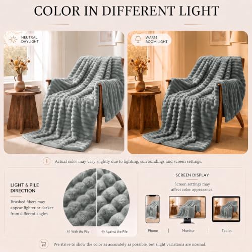 HIMEET Grey Queen Size Blanket for Bed, 300GSM Ribbed Fleece