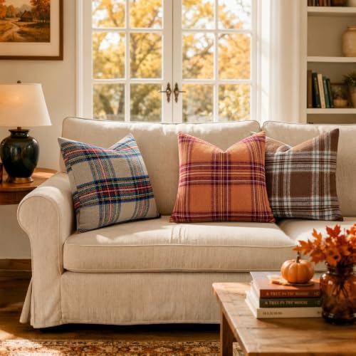 MIULEE Fall Plaid Decorative Pillow Covers Set of 2 18x18 Khaki