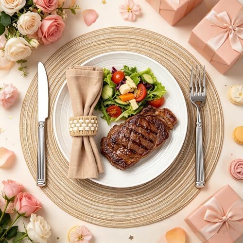 8 Pack 14 Inch Round Beige Charger Placemats Bohemian Braided Table