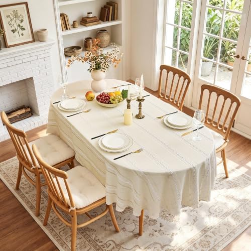 Beige Farmhouse Oval Tablecloth, 55×102 Inch Striped Linen Table Cloth