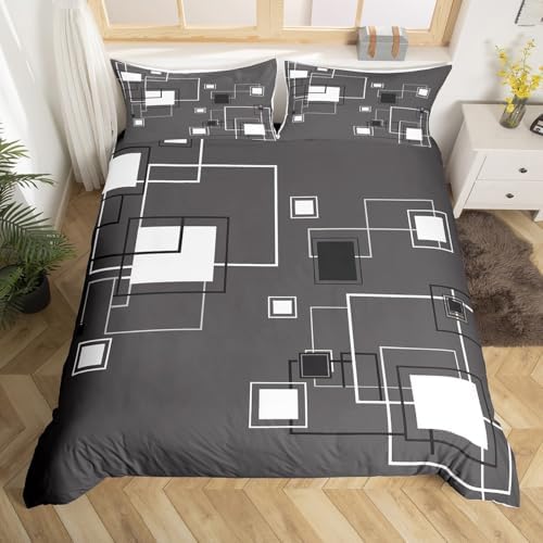 Square Geometric Duvet Cover Queen Size,Gray White Grid Comforter