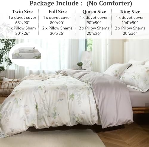 MILDLY Beige Floral Duvet Cover Set 3pcs Elegant for All Season Full