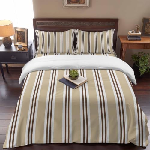 Sand Beige Stripes King 4 Piece Duvet Cover Set, Brown White Khaki