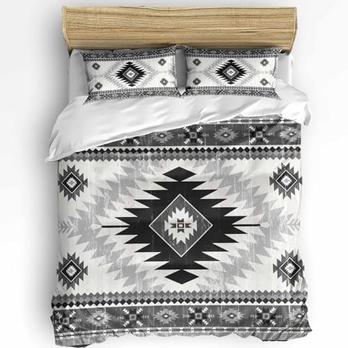 Duvet Cover Set Full, Black Grey Aztec Bohemian 3 Piece Bedding Set