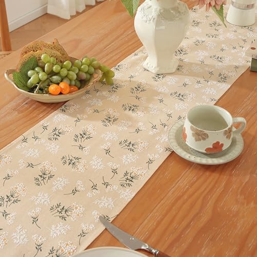 12x108 Inch Boho Floral Table Runner with Tassels, Neutral Beige