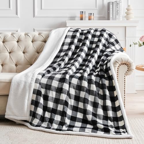 BEDELITE Black Whtie Buffalo Plaid Sherpa King Blanket for Bed