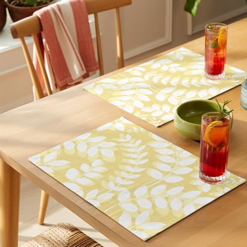 Placemats Set of 8, Pale Yellow Leaves Woven Placemat, Linen Place