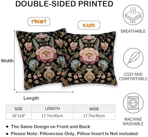 Vintage Floral Throw Pillow Covers 18x18 Set of 2, Ornate Botanical