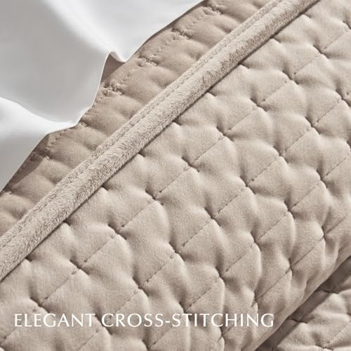 EverGrace Cross-Stitch Velvet Quilt Set, King Size, Light Taupe