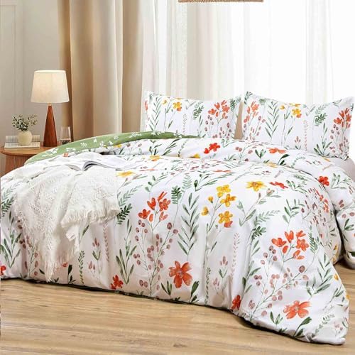 Nanko Floral Duvet Cover King Size, 3 Pieces Green Leaves Yellow