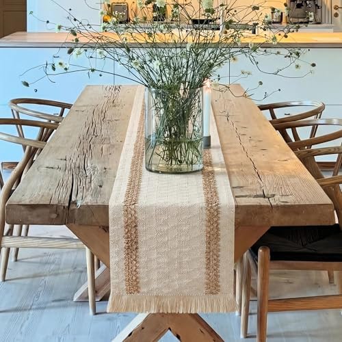 Farmhouse Decor Boho Table Runner with Macrame, Elegant Beige Brown