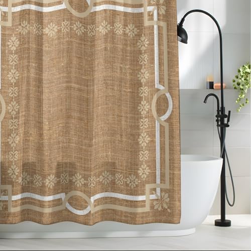 Brown Double Lines Shower Curtain 84 Inches Long Modern Linen Texture
