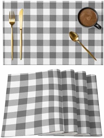 Cotton Linen Placemats for Dining Table Set of 8 Gray Buffalo Check