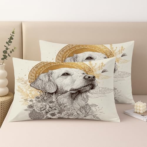 Set of 2 Decorative Throw Pillow Covers, Cream Dog Illustration with