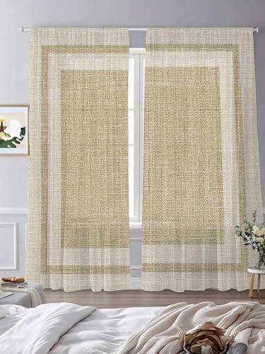 Beige Vintage Sheer Curtains 108 Inch Length 2 Panels, Rustic