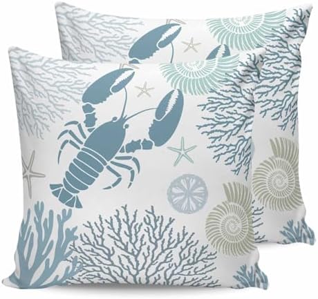Pillow Covers 20x20 Set of 2, Teal Blue Coastal Square Throw Pillow