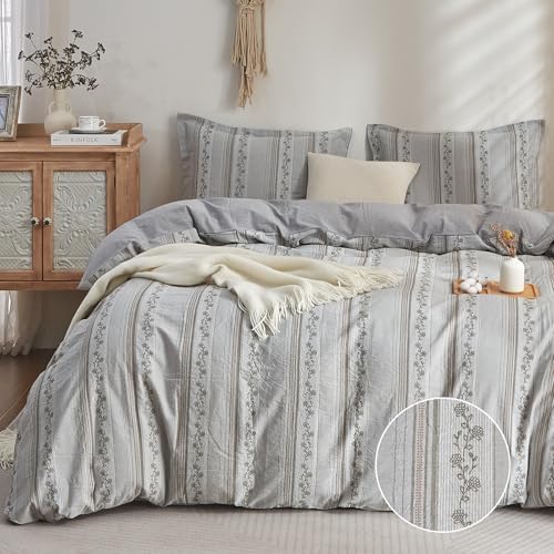 Bailix Floral Striped Duvet Cover Set Queen Size, 100% Washed Cotton