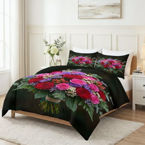 King Duvet Cover Set Soft Microfiber Oil Painting Flowers