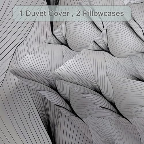Soft Breathable Microfiber Grey Duvet Cover - Minimalist Modern Leaf