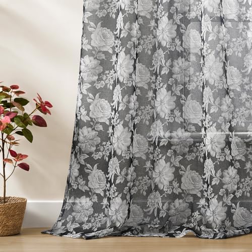 Black Sheer Floral Curtains 72 Inch Length 2 Panels for Bedroom Modern