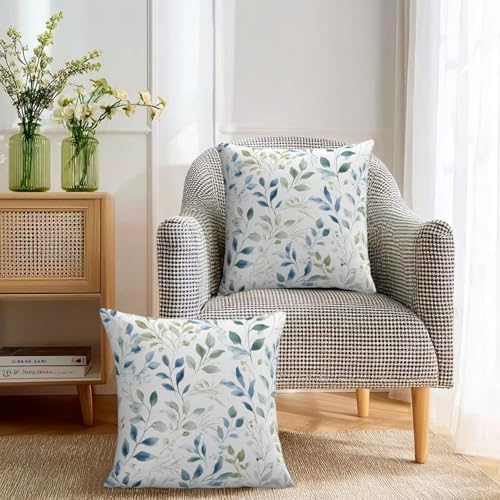 KiuLoam Blue Sage Green Watercolor Leaves Pillow Covers 22x22 Inch Set