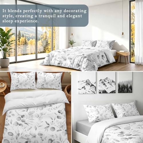 3 Pieces Duvet Cover Gradient Gray Eucalyptus Leaf Luxury Soft