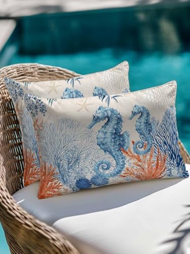 Throw Pillows 12x20 Set of 2, Blue Red Seahorse Coastal Waterproof