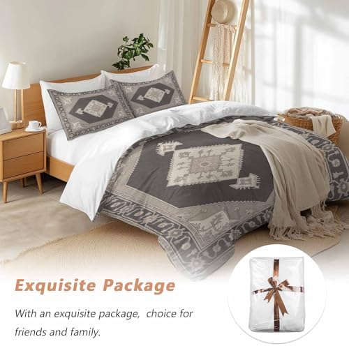 3 Piece Grey Beige Boho Duvet Cover Set Full Size, Microfiber