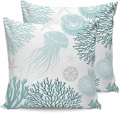 Pillow Covers 20x20 Set of 2, Teal Green Coastal Square Throw Pillow