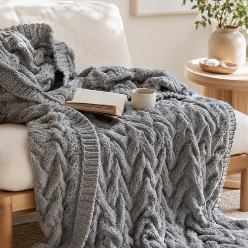 Cable Knit Throw Blanket, Soft Acrylic, Light Grey, 50x60