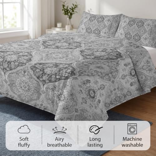 DecorLovee Grey Boho Duvet Cover Set 3 Pieces with Zipper Closure