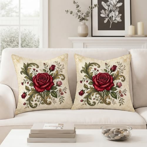 Vintage Red Rose Floral Throw Pillow Covers 18x18 Set of 2