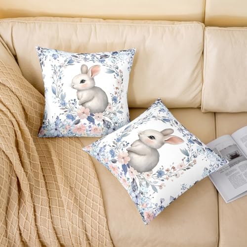 jejeloiu Cute Rabbit Square Cushion Covers Set of 2 Kawaii Bunny