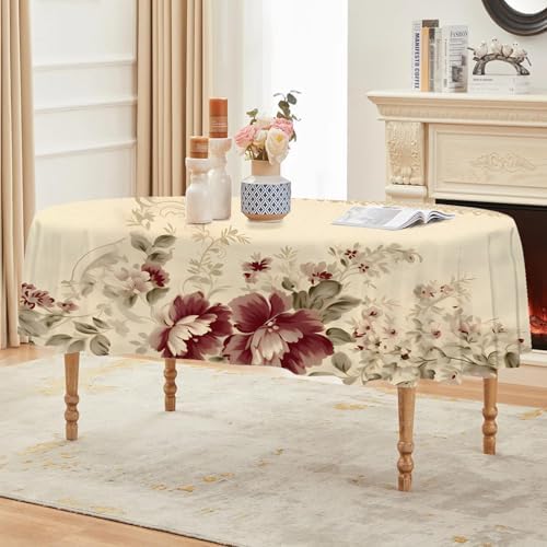 Striped Floral Print Oval Table Cloth, Waterproof Duty Vinyl Plaid