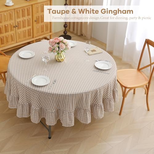 CNPYZH Taupe White Gingham Ruffled Tablecloth Dia.90 inches