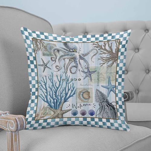 20x20 Pillow Covers Set of 2, Blue Beach Coastal Throw Pillow Covers