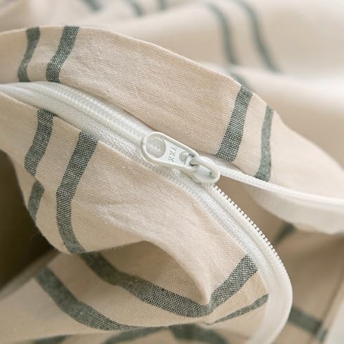 DONEUS Green Striped Duvet Cover Set 100% Washed Cotton Linen Like