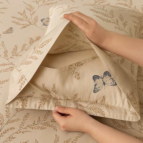 FADFAY Beige 100% Brushed Cotton Vintage Botanical Duvet Cover Queen