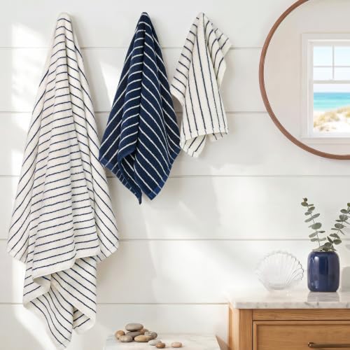8-Piece Navy Blue and Ivory Towel Set, Cotton Striped Towels for