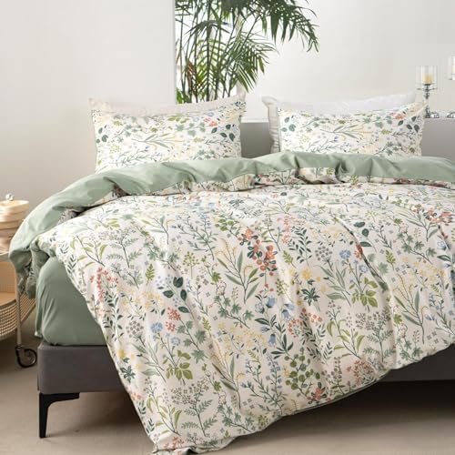 mixinni Sage Green Duvet Cover Set Queen-Exquisite Floral Queen Size